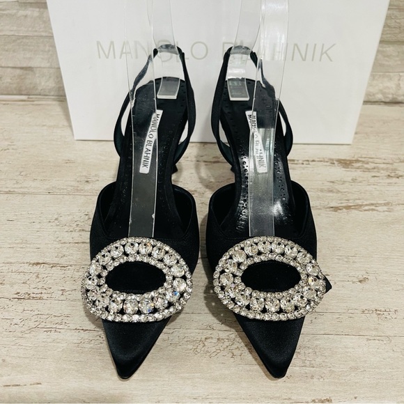 Manolo Blahnik Fiboslac Black Satin Swarovski Crystal Slingback 70MM Pumps SZ 37 - Picture 5 of 14